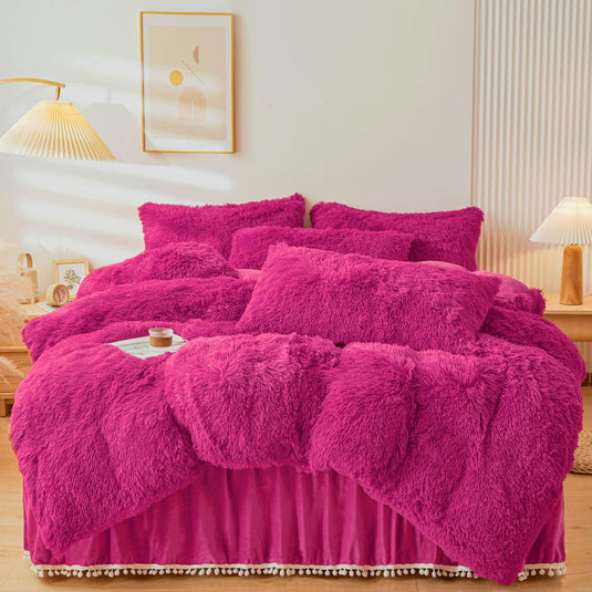 Fluffy Pink Faux Fur Comforter Cover Set，Fluffy Fuzzy Plush Pink Bedding 3Pcs (1 Faux Fur Duvet Cover +2 Fuzzy Pillowcases) Pink Fluffy Bed Set (Pink, Queen)