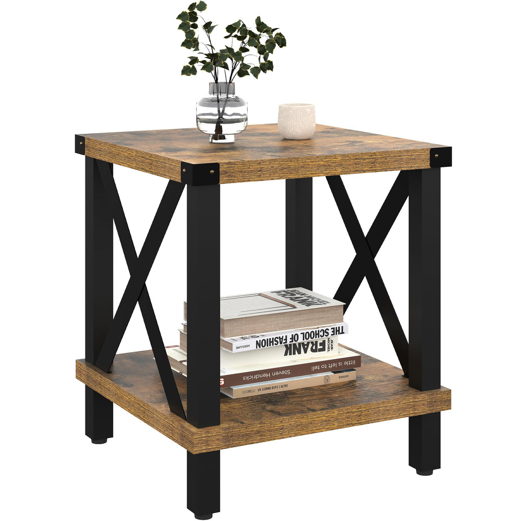 Large End Table Farmhouse Side Table Industrial Style Sofa Table Coffee Table Metal X Accent Wood End Table NightStand with Storage Shelf for Living Room Bedroom Black MLBZ16B