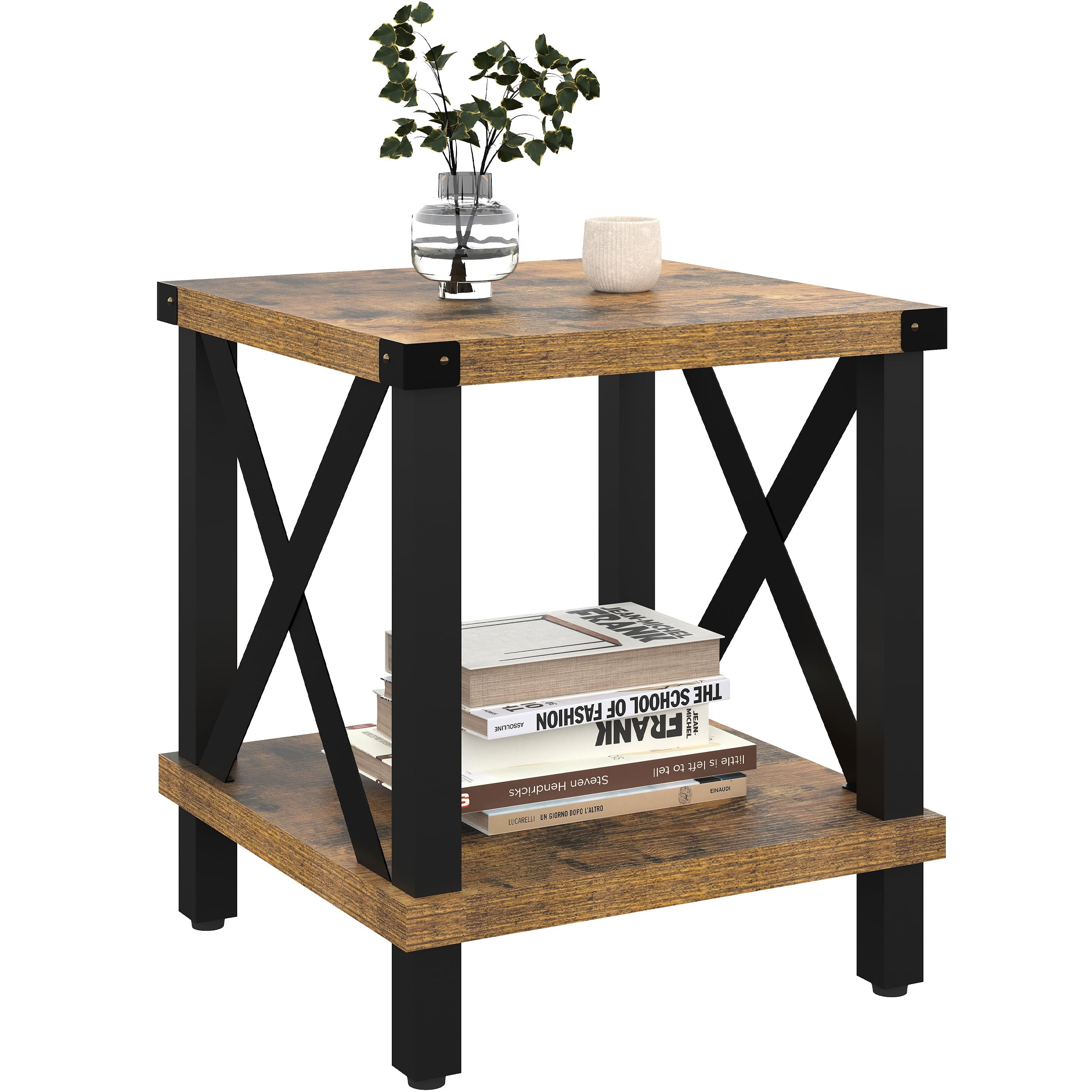 Large End Table Farmhouse Side Table Industrial Style Sofa Table Coffee Table Metal X Accent Wood End Table NightStand with Storage Shelf for Living Room Bedroom Black MLBZ16B