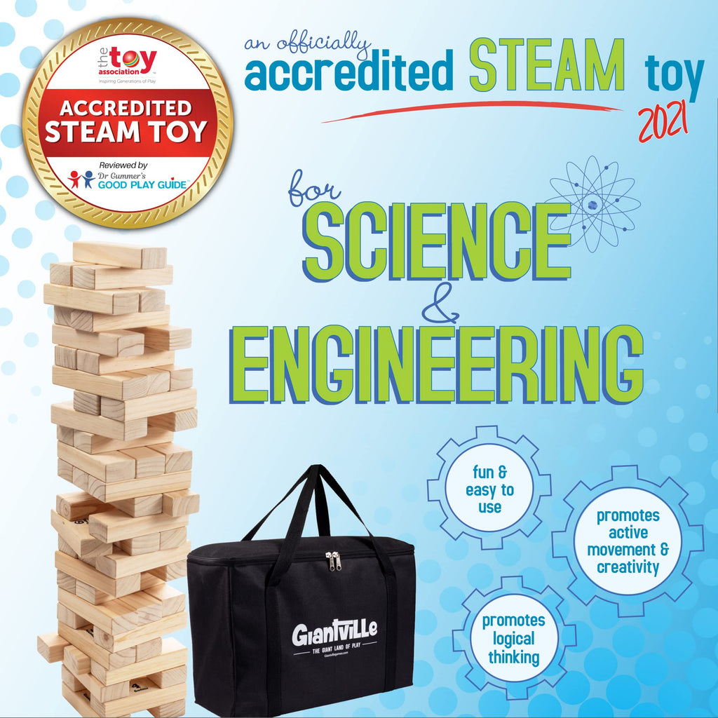 ジャイアントビル ジャイアントタンブリングティンバーおもちゃ - プレミアムパイン材の実物大ブロックタワー - 大きな床/ボード用屋内外ヤードゲーム 子供と大人向け - 56ピース＋持ち運び/収納バッグ付き - 4フィート以上に成長