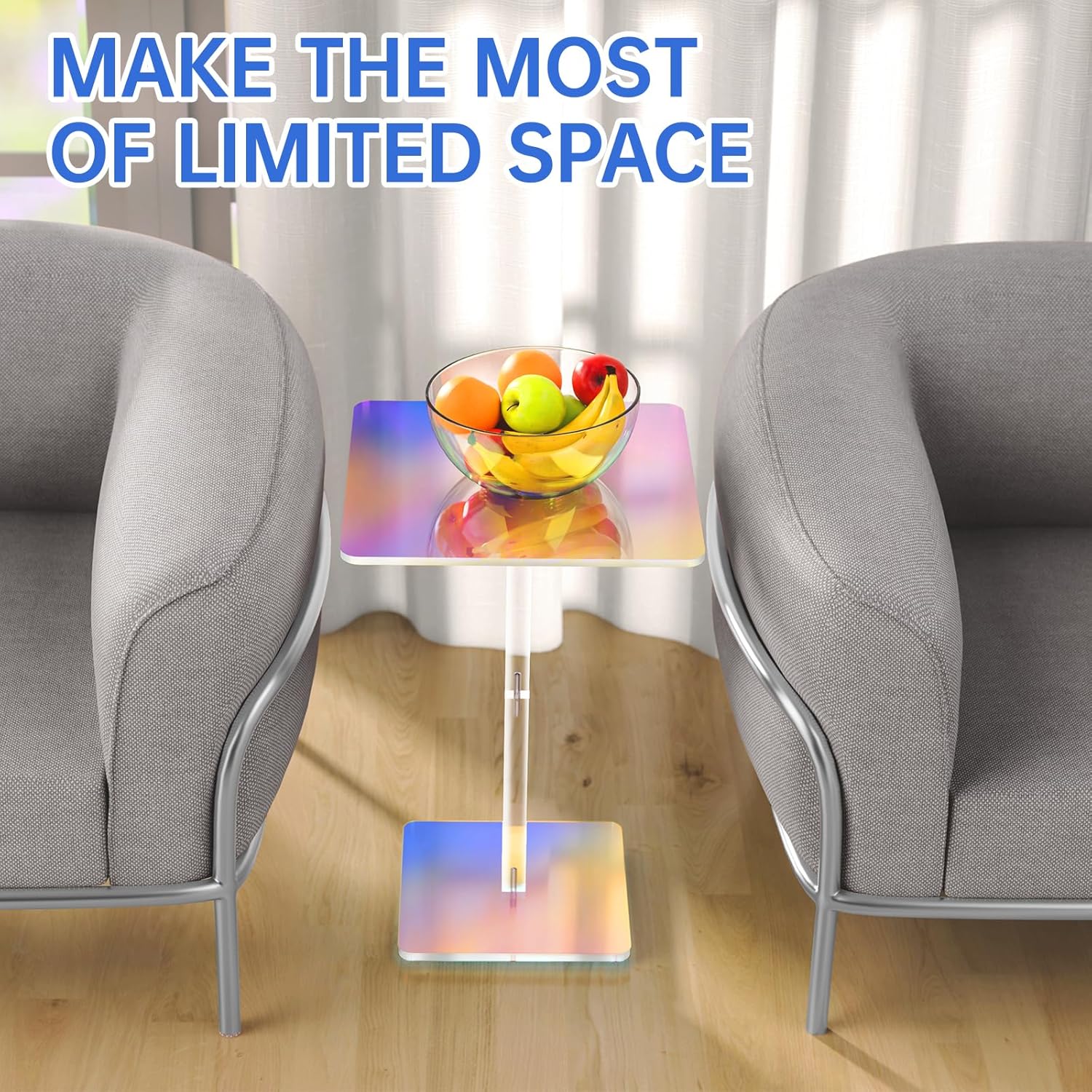 NiHome Square Iridescent Acrylic End Table for Small Spaces, Living Rooms, Bedrooms, Balconies, 0.3-Inch Thick Acrylic Coffee Table with Crystal Clear and Durable Design, 13.3"x13.3"x18.9" (1PC)