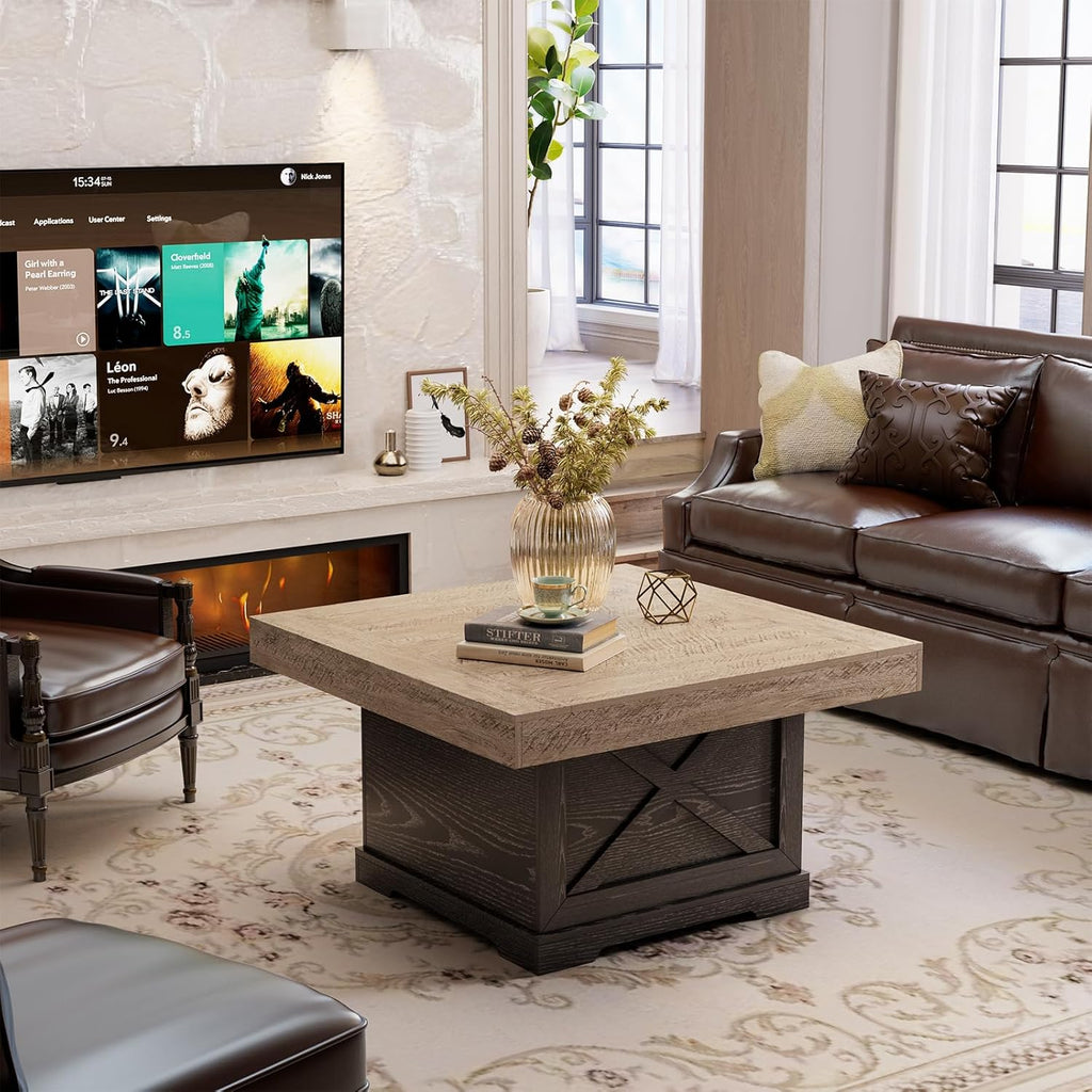 Coffee Table 31.5 in Rustic Center Table with X Design Wooden Pedestal for Living Room, Dark Oak Square Home Office Sofa Side Table for Small Space, Easy Assembly, Space-Saving