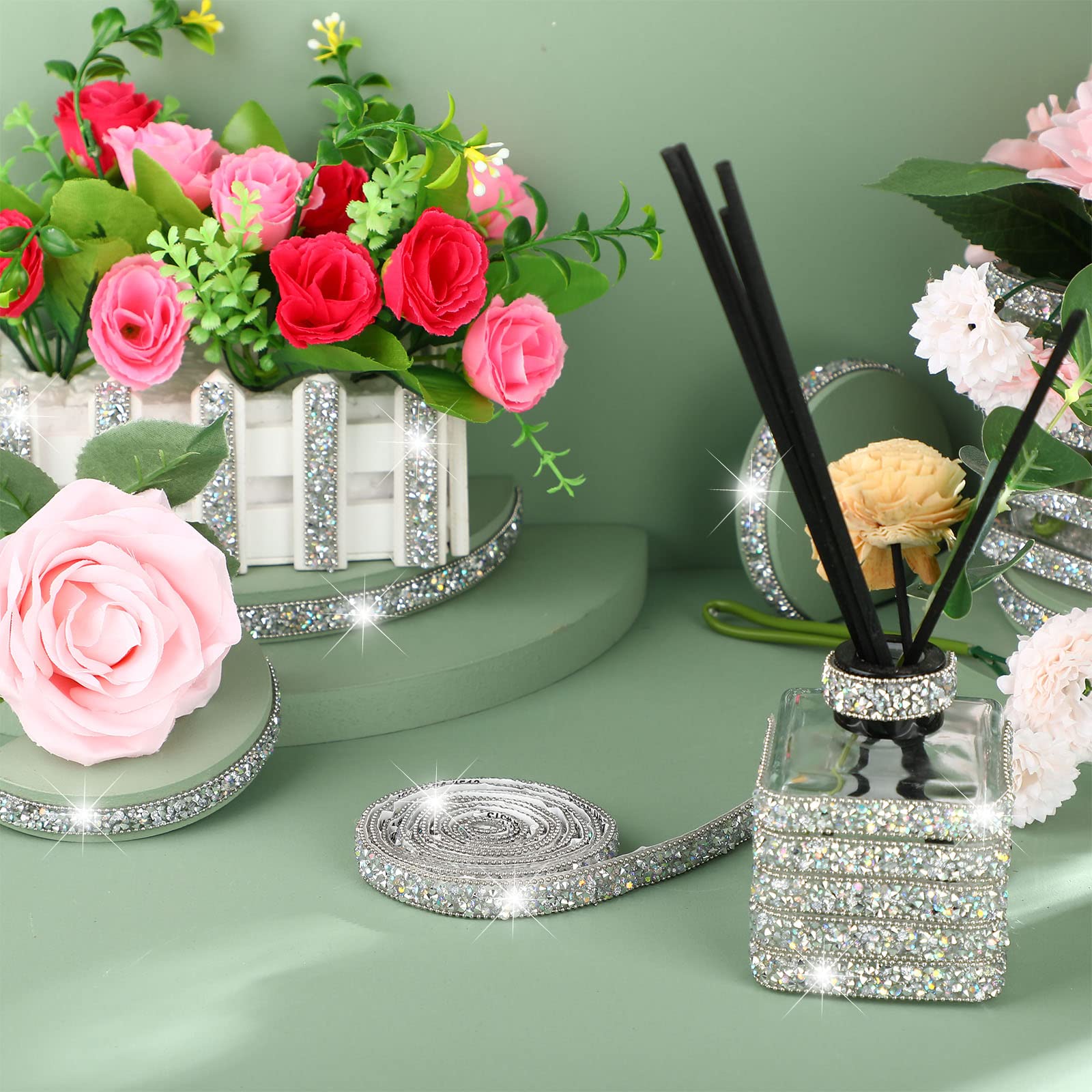 Hicarer 3 Yards Resin Rhinestone Ribbons Self Adhesive Diamond Crystal Ribbon Roll Glitter Resin Diamond Belt Bling Rhinestone for Wedding Shoes Clothing Decor(0.4 Inch,Silver AB Color)