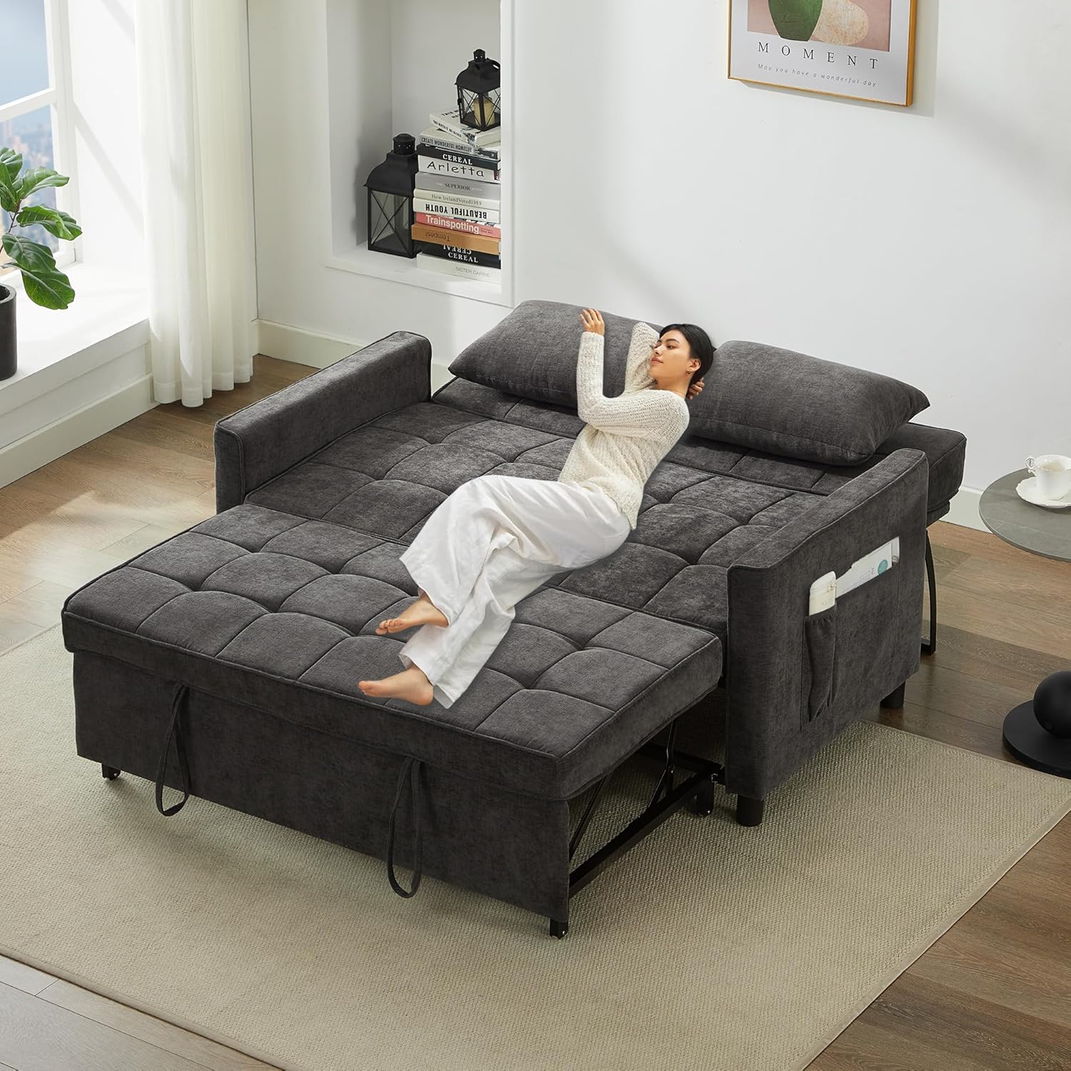 Tbfit 57" Convertible Sofa Bed, Chenille Futon Sleeper Sofa Couch with Pullout Bed, USB & Adjustable Backrest, Queen Size Pull Out Loveseat Couches for Living Room, Apartment, Office, Dorm, Dark Grey