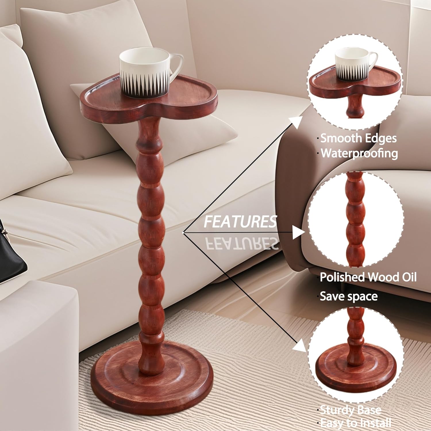 24" Tall Solid Wood Round Side Table – Coffee Table & Plant Stand 2-in-1 with Non-Slip Pads – Farmhouse Living Room/Patio Use (Red)