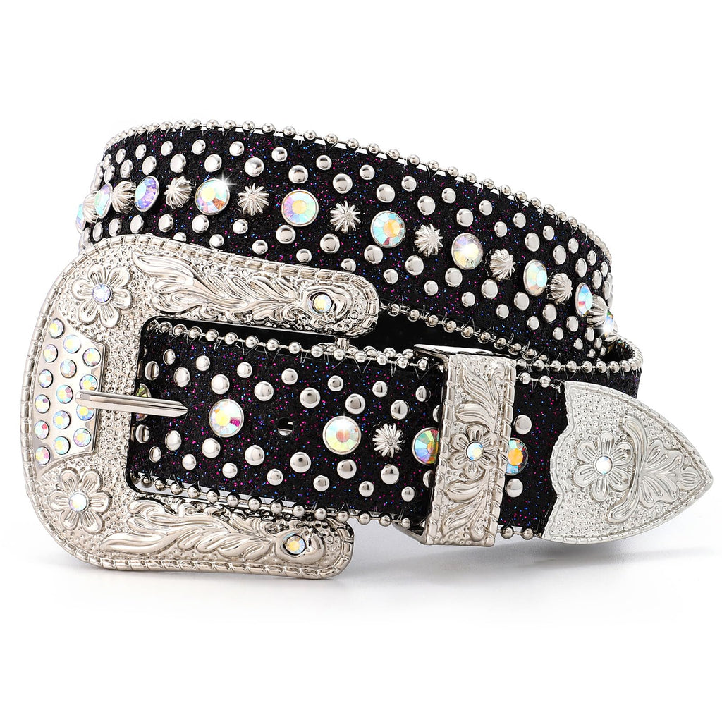 LALATCH Rhinestone Belt for Men Women, Cowboy Cowgirl Bling Western Diamond Leather for Jeans Pants, Silvery Rhinestone/Black