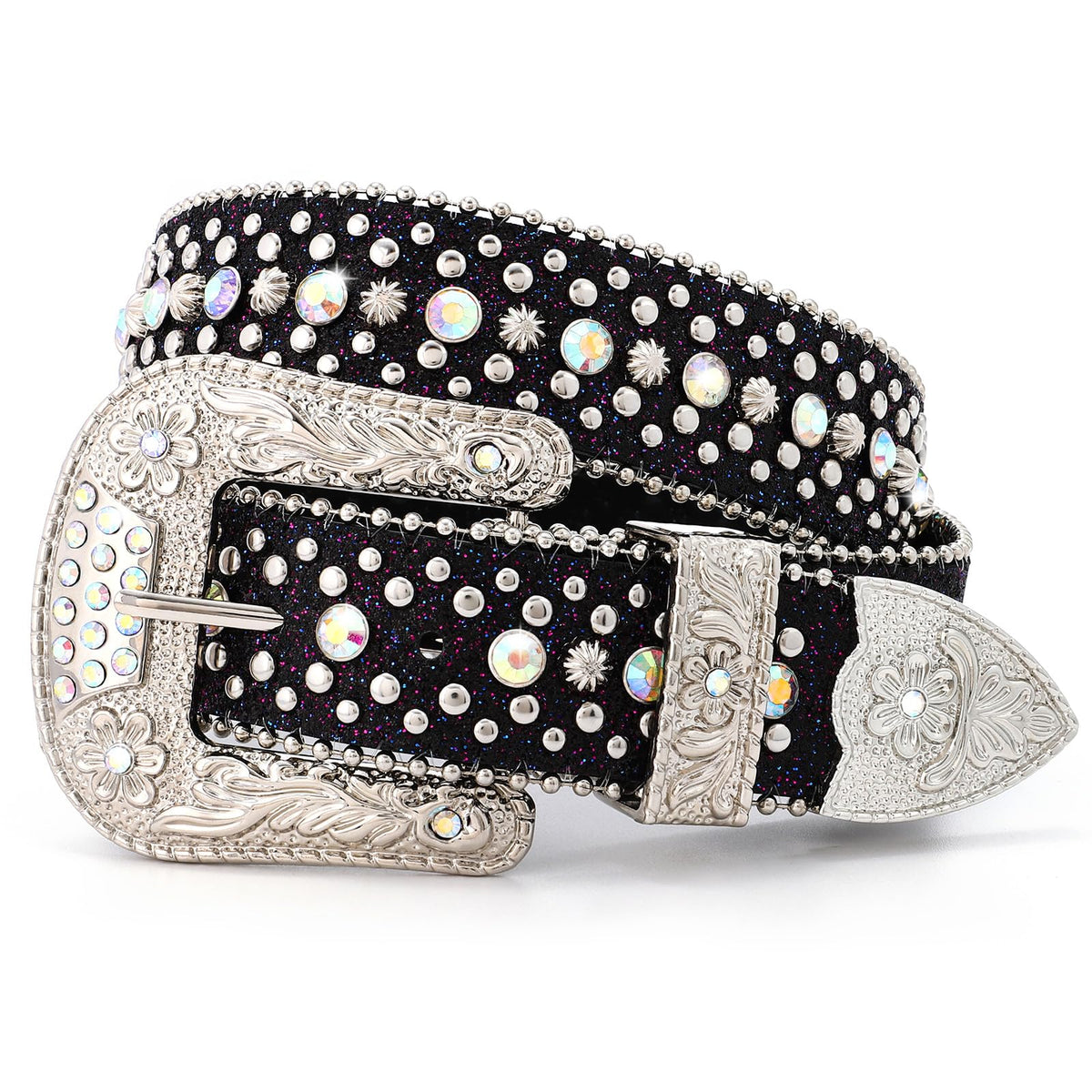 LALATCH Rhinestone Belt for Men Women, Cowboy Cowgirl Bling Western Diamond Leather for Jeans Pants, Silvery Rhinestone/Black