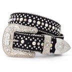 LALATCH Rhinestone Belt for Men Women, Cowboy Cowgirl Bling Western Diamond Leather for Jeans Pants, Silvery Rhinestone/Black