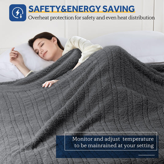 SEALY Electric Blanket Heated Throw 50"x60" Soft Double Sherpa Super Cozy with 6 Fast Heating Levels & 2-10 Hours Auto-Off, Over-Heat Protection, Machine Washable, Charcoal