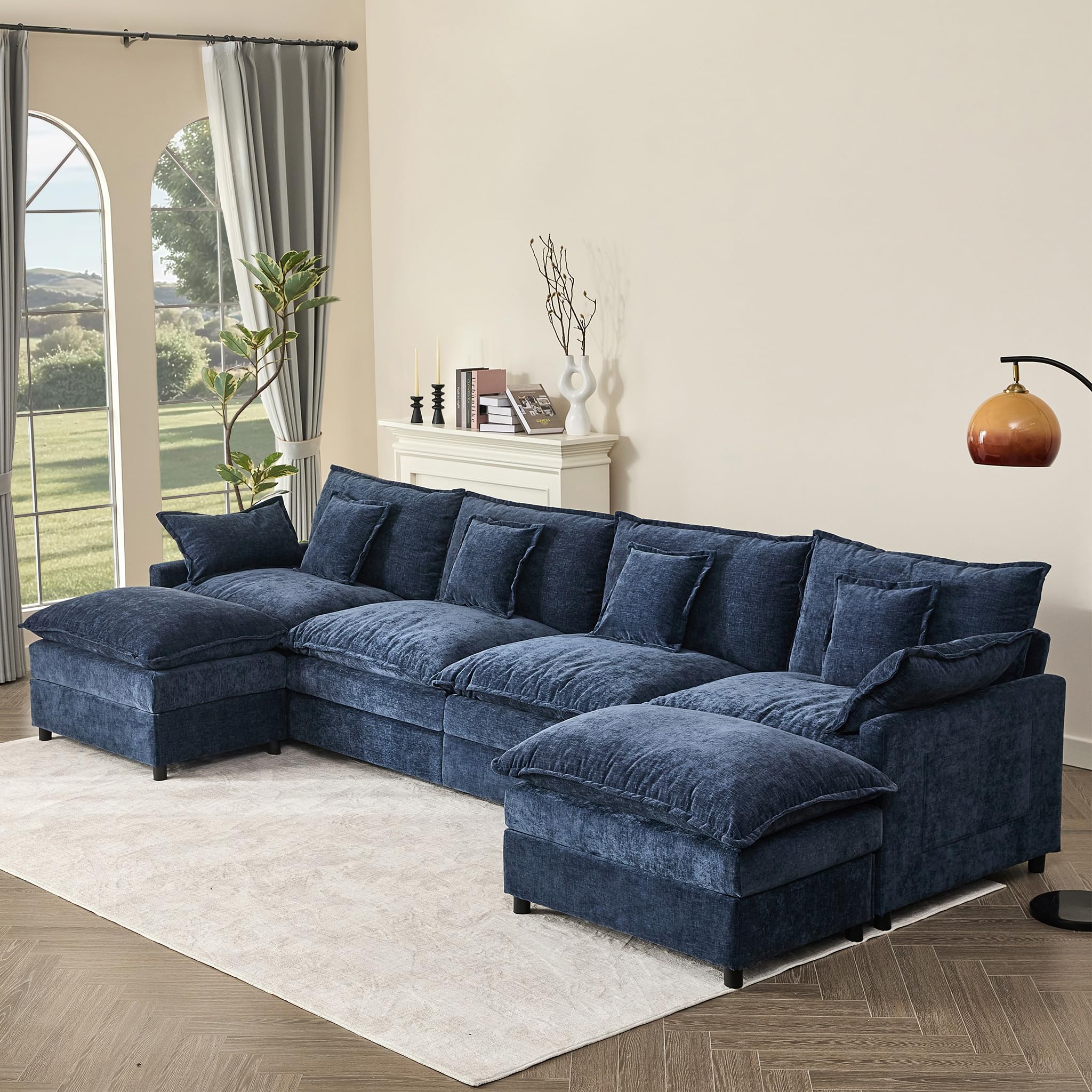 108" U Shaped Couch, Modular Sectional Sofa, 3-Seater Comfy Cloud Couch with Movable Ottoman, Deep Seat Couches for Living Room, Chenille, Black