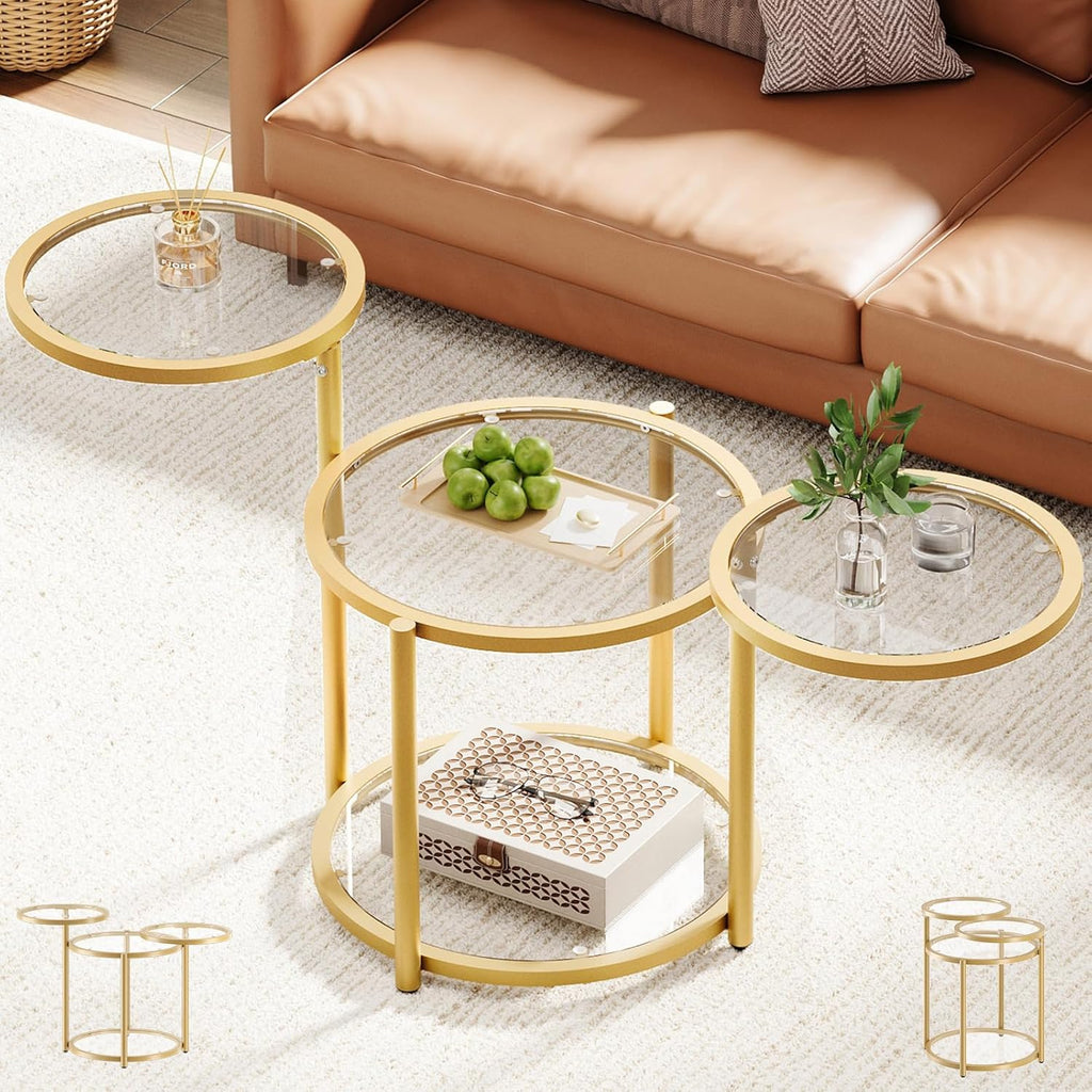 Round Glass Coffee Table - 4 Tier Coffee Tables for Living Room with Rotating Top, Circle Coffee Table with Storage, Modern Clear Center Table with Metal Frame for Small Space, Office, Gold