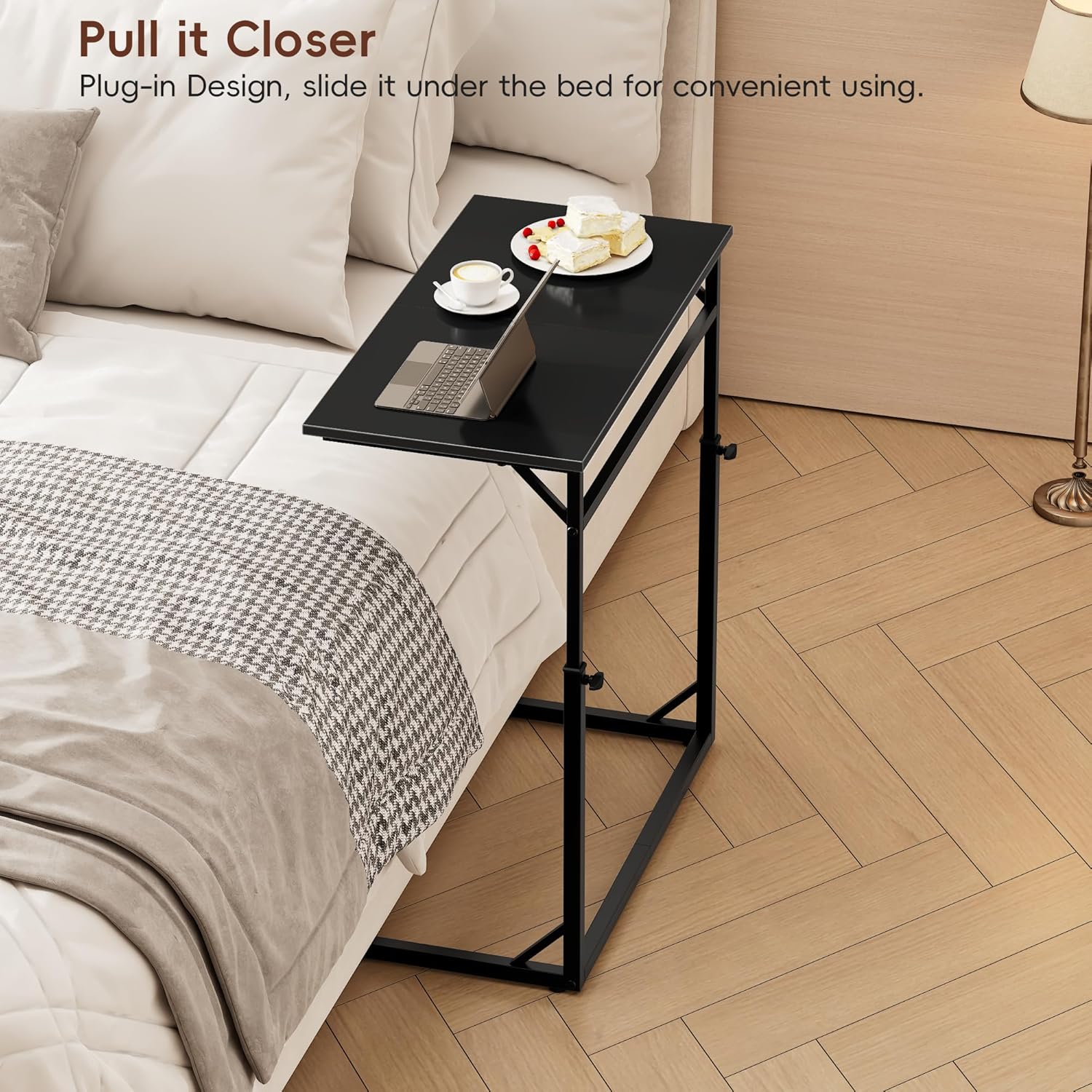 Vagusicc C Shaped End Table, 33"Tall Side Table for Couch, C-Table Sofa Table Adjustable Height Side Table, Large Surface Slide Under Couch Table, Coffee Table TV Tray for Living Room, Bedroom, Black