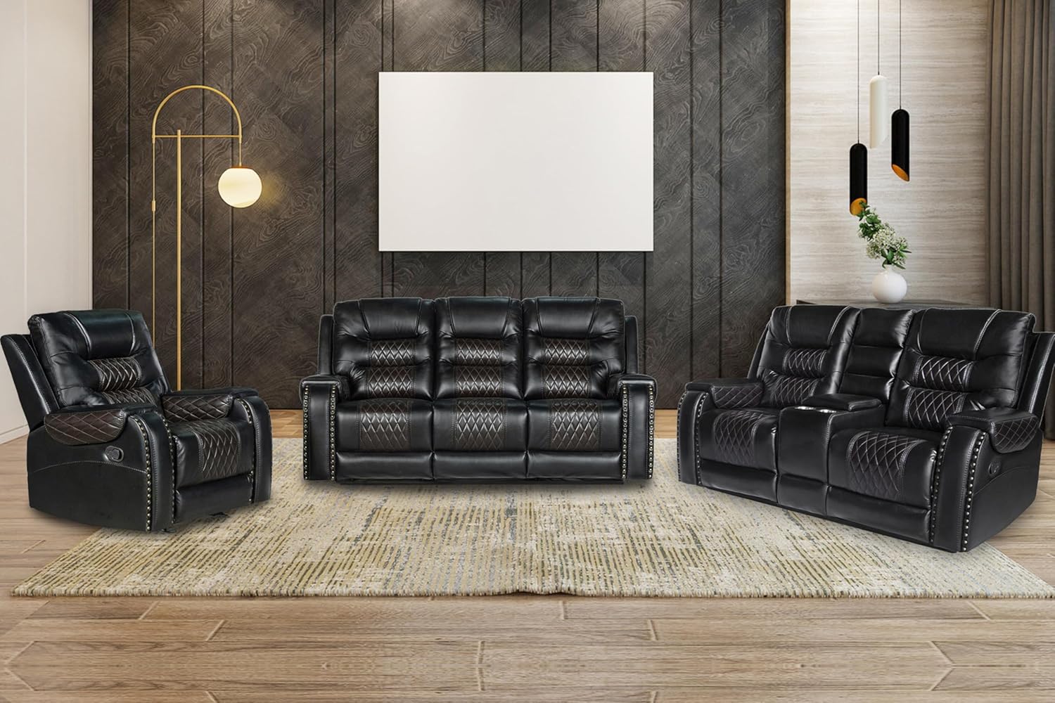 PU Leather Sofa Set, 3 Pieces Living Room Set with Cup Holders, Manual Recliner Sofa &Loveseat & Chair, Black