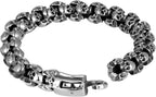 Bold Men’s Biker Bracelet – Double Link Chains Embellished with Rows of Death’s Skull in a Polished Silver Finish – Made of Rust & Discoloration Resistant Stainless Steel – Jewelry Gift for Men