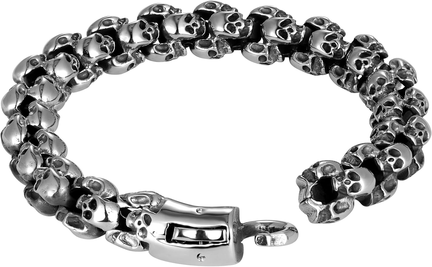 Bold Men’s Biker Bracelet – Double Link Chains Embellished with Rows of Death’s Skull in a Polished Silver Finish – Made of Rust & Discoloration Resistant Stainless Steel – Jewelry Gift for Men