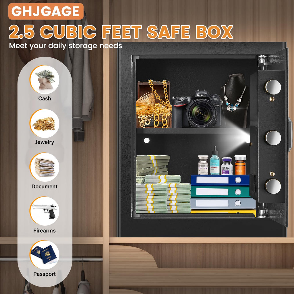 2.5 Cu ft Large Fire proof Safe Boxes for HOME USE, Digital Security Safe Box with Combination Lock & Fireproof A4 Document Bag, Home Safe Fireproof Waterproof for Money Medicine Documents Valuables