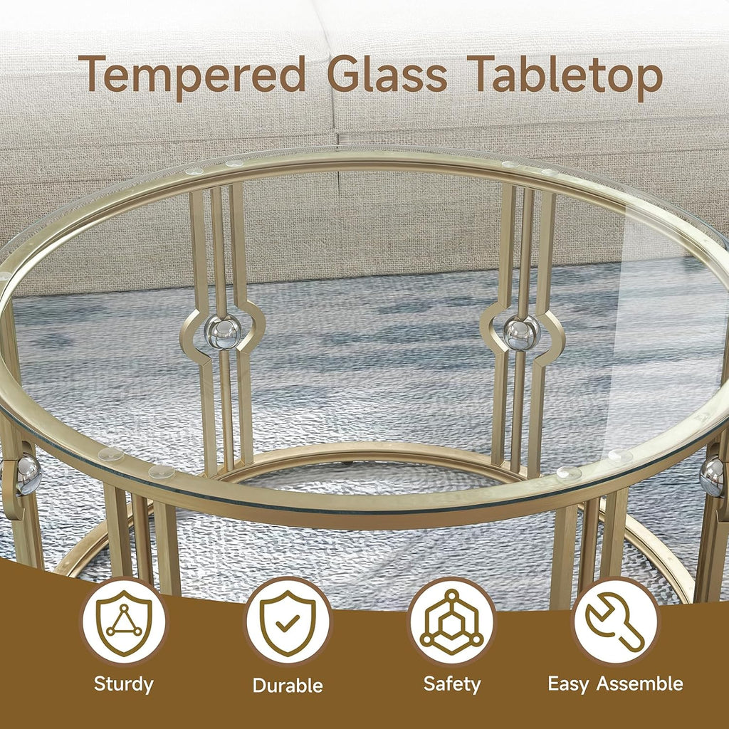 OIOG Glass Coffee Table for Living Room, Gold Coffee Table with Tempered Glass, Round Coffee Table for Office