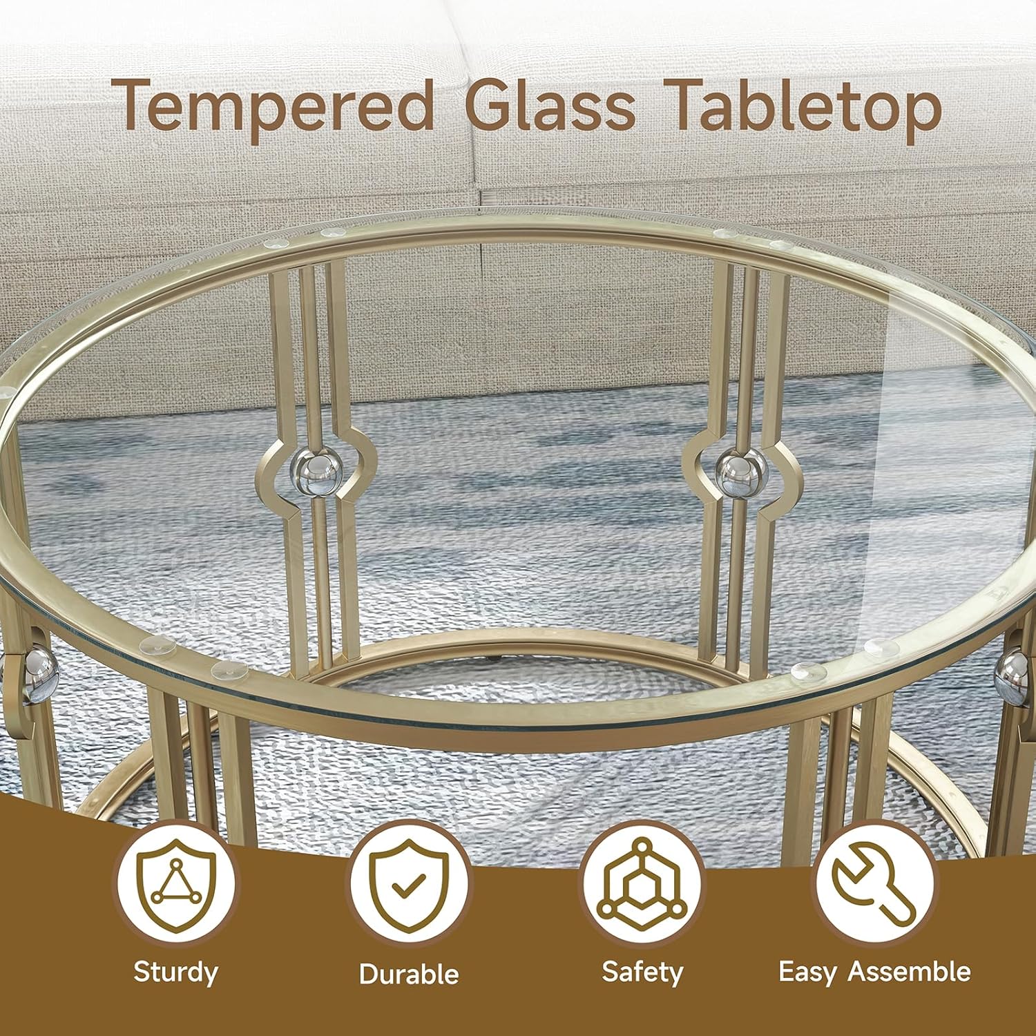 OIOG Glass Coffee Table for Living Room, Gold Coffee Table with Tempered Glass, Round Coffee Table for Office