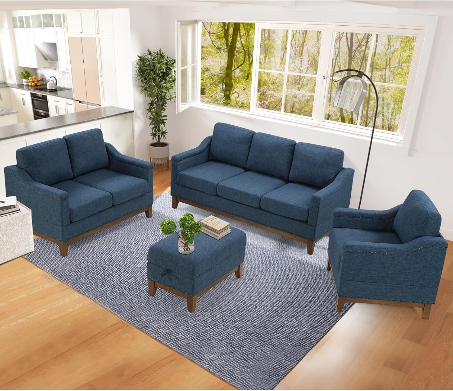 4-Piece Living Room Sofa Set with Coffee Table, Vintage Rivet Couch Sets with Solid Wood Legs, Chenille Sofas Furniture of Ottoman with Storage Space, Armchair, Loveseat and 3-Seat Sofa