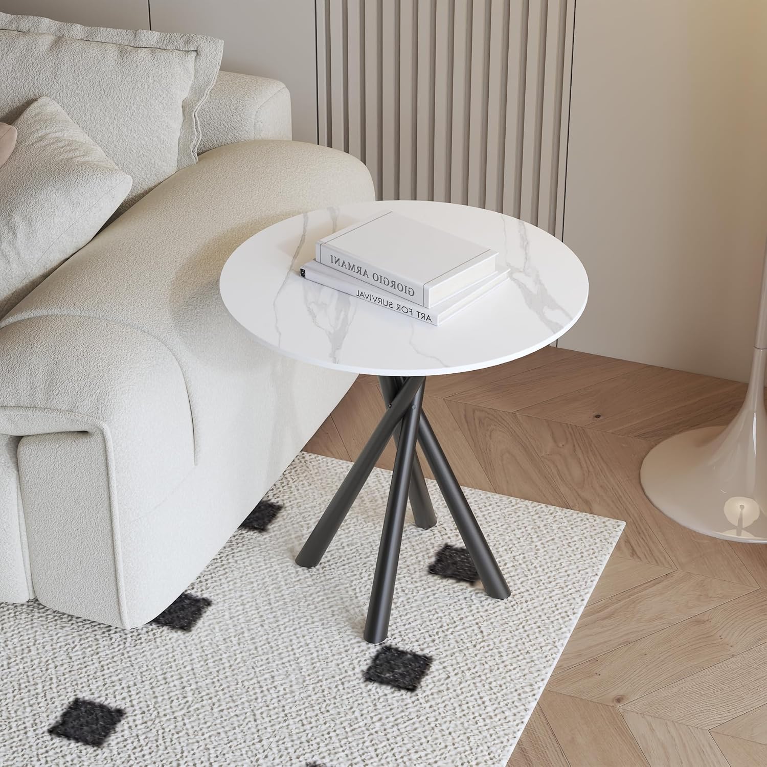 Round White Marble Side Table Set of 2, Modern End Table with Sintered Stone Top and Black Metal Legs, Sofa Coffee Table for Living Room Apartment (20" x 20" x 22")