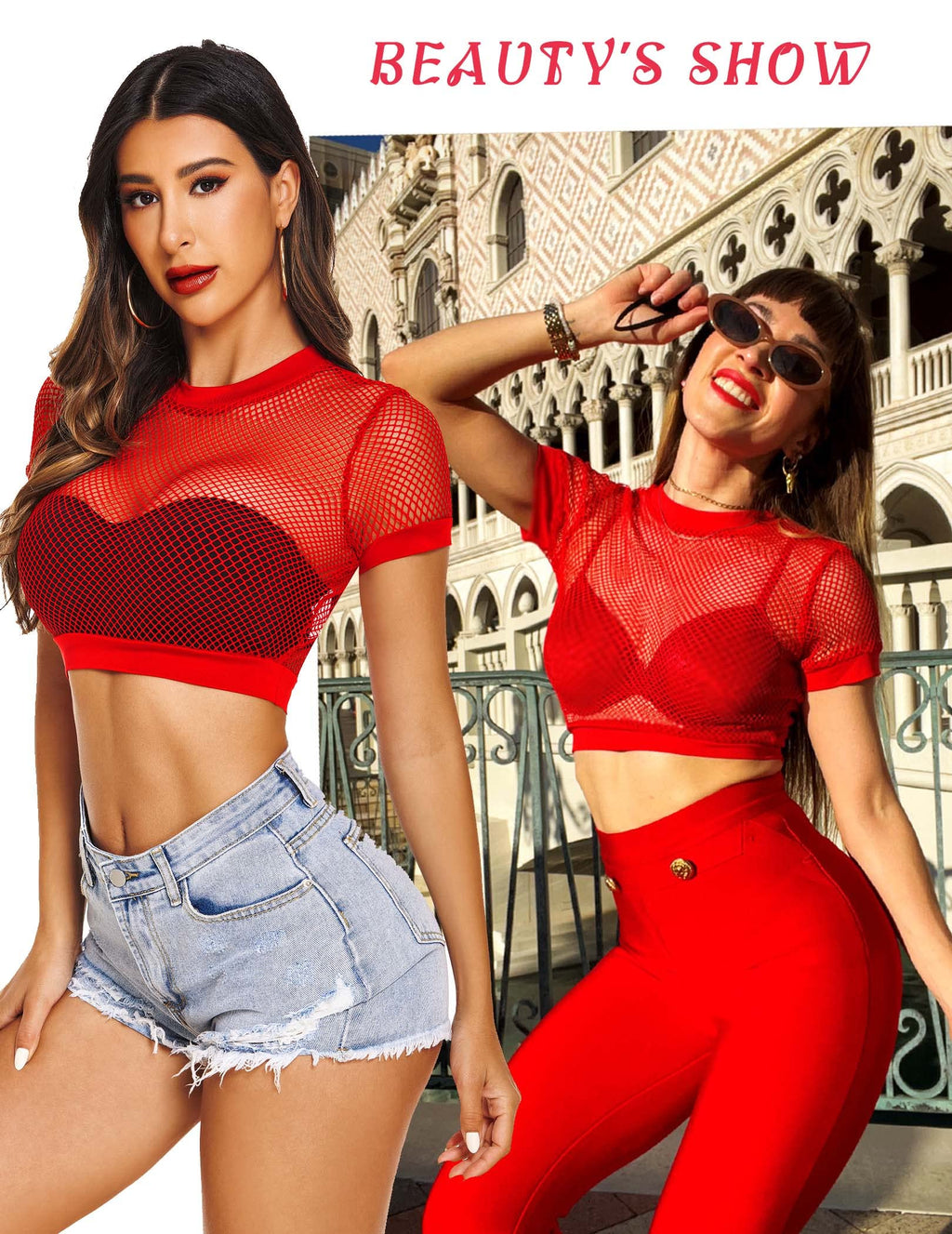 Avidlove Top Corto Transparente para Mujer Camiseta de Manga Corta de Red Transparente Cuello O Bikini Pulóver Rojo, S