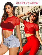 Avidlove Top Corto Transparente para Mujer Camiseta de Manga Corta de Red Transparente Cuello O Bikini Pulóver Rojo, S