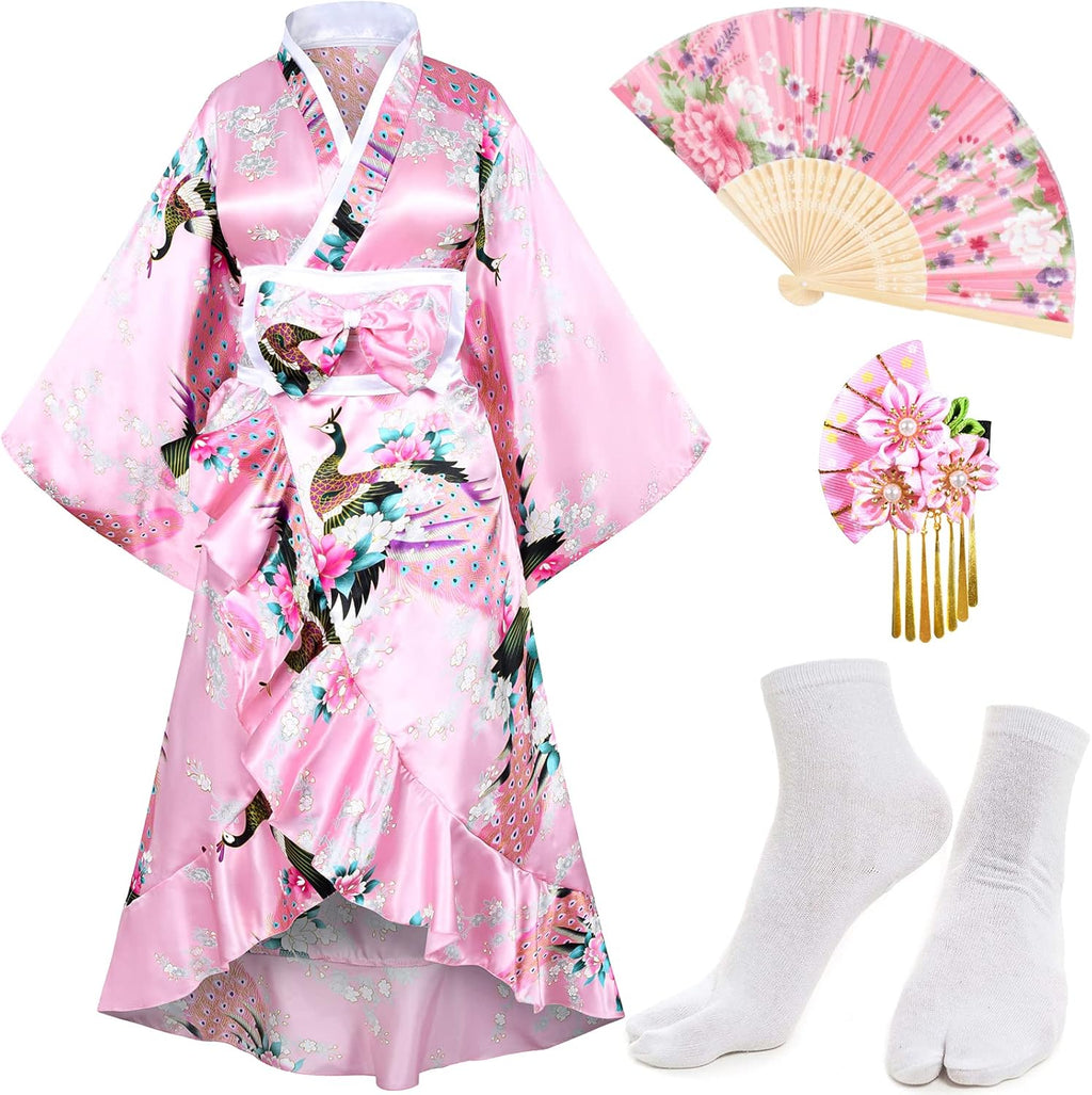 Women's Kimono Robe Geisha Yukata Sweet Tuxedo Ruffle Dress Blossom Satin Bathrobe Sleepwear Fans Tabi Socks Set