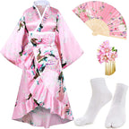 Women's Kimono Robe Geisha Yukata Sweet Tuxedo Ruffle Dress Blossom Satin Bathrobe Sleepwear Fans Tabi Socks Set