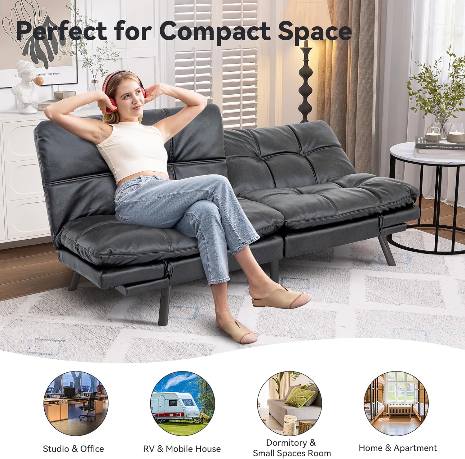 Convertible Faux Leather Futon Sofa Couch,Memory Foam Futon Couch Bed,Loveseat Sleeper Sofa Bed,Small Splitback Modern Folding Sofa Bed for Living Room,Office,Apartment,Matte Black