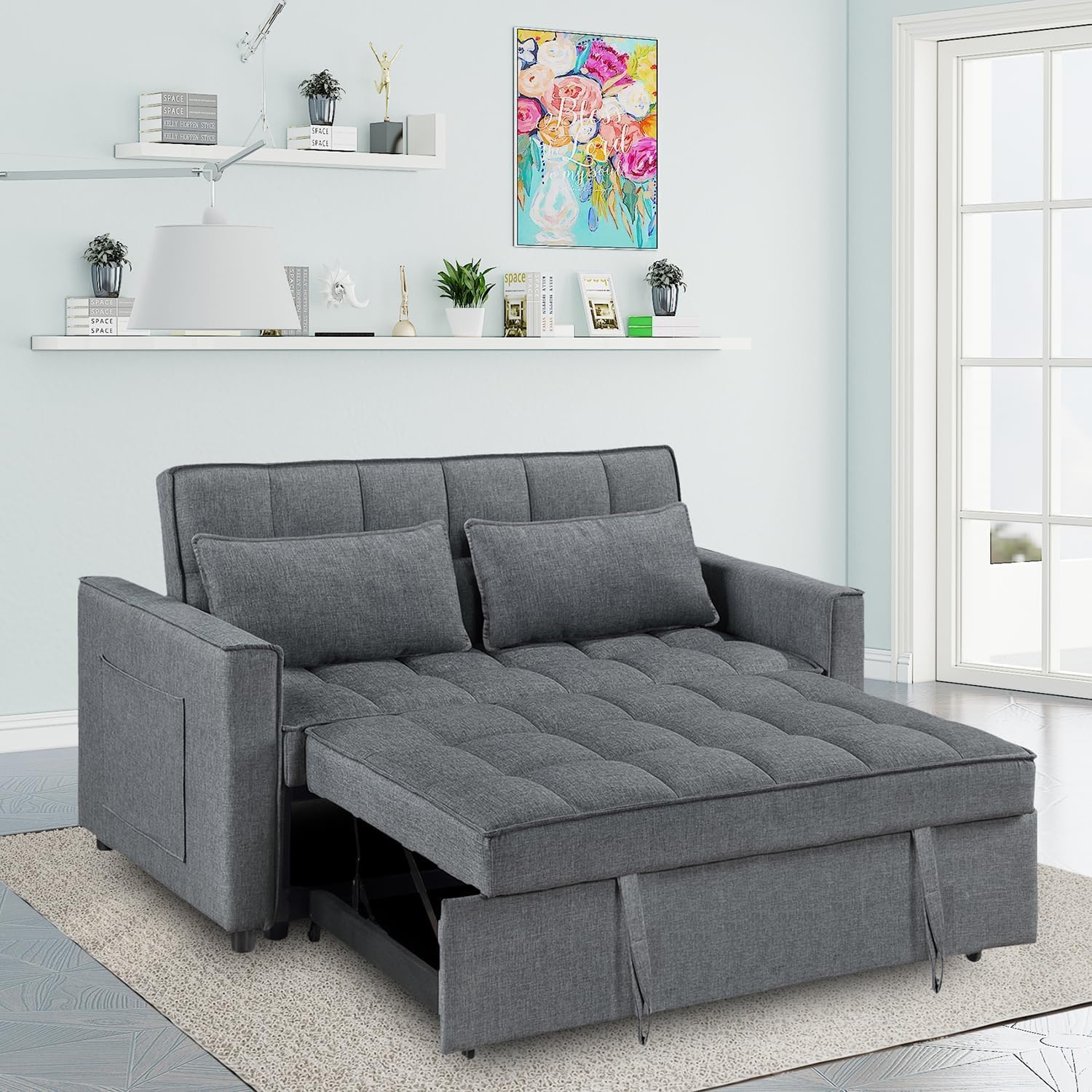 2-in-1 Convertible Loveseat Sofa Bed with Pull Out Bed and Storage Sectional Counch for Living Room, Apartment, Bedroom, Office, Gray