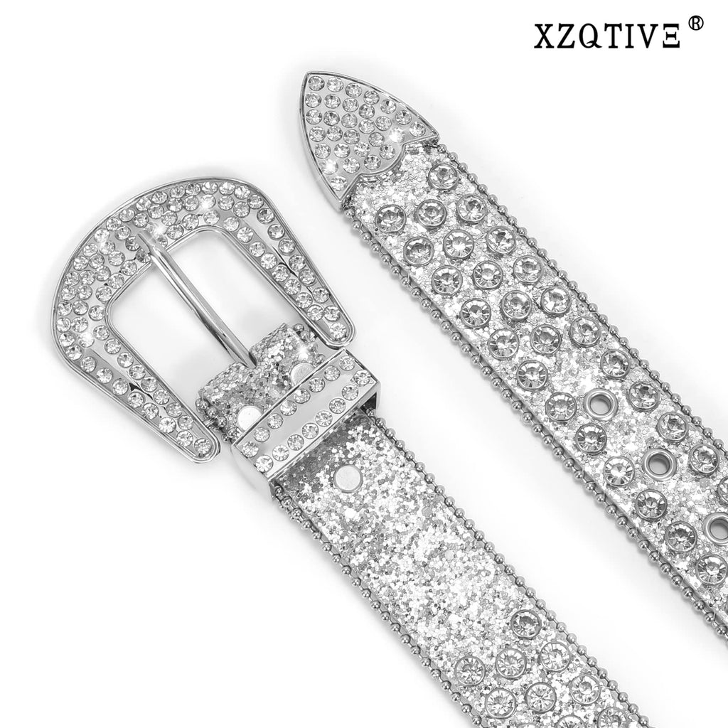 XZQTIVE Cowgirl Bling Studded Leather Belts for Jeans Pants with Rhinestone and Western Silver Buckle, Unisex(All Silver, Fit waist 30-32 inch)