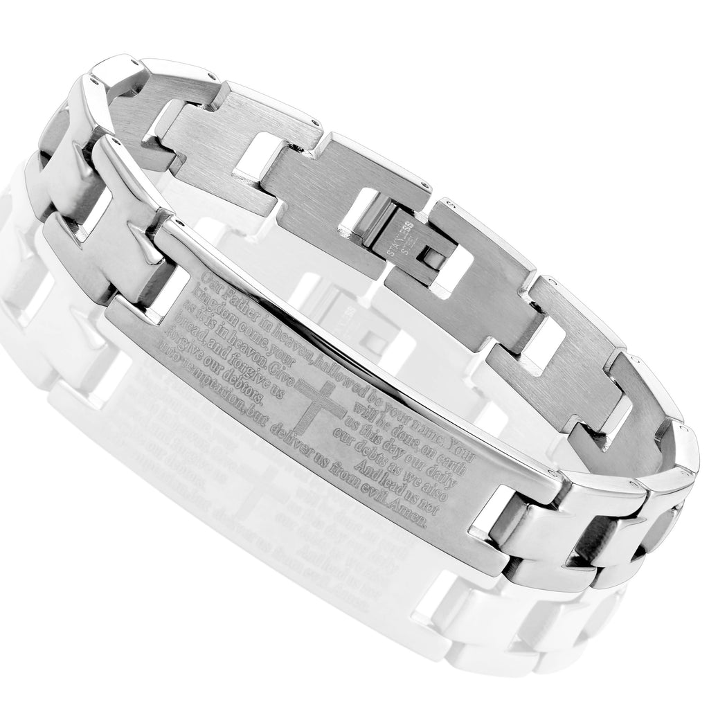 Urban Jewelry Lords Prayer Cross - 316L Stainless Steel Link Bangle Bracelet for Men