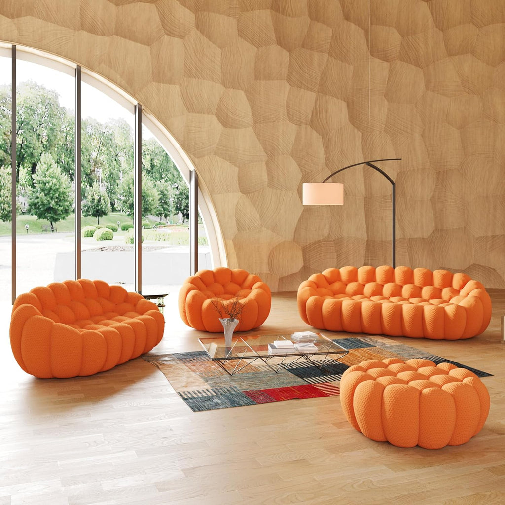 JACH Bubble Sofa Curved Couch Set, Comfy Upholstered Sofa, Mesh Fabric 3D Honeycomb Shape Modern Couches for Living Room, Apartment (Orange, 1 Seater, 2 Seater, 3 Seater, Ottoman)