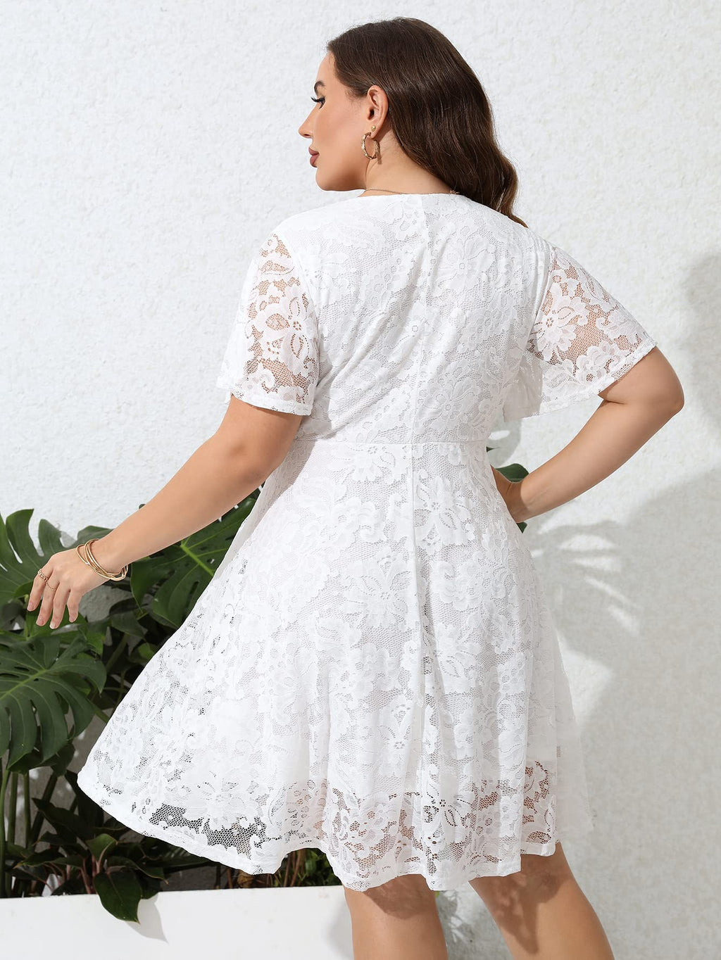 SCOMCHIC Women Plus Size Lace Cocktail Dresses Summer Wrap V Neck Short Sleeve Flowy A Line Wedding Guest Midi Dress White