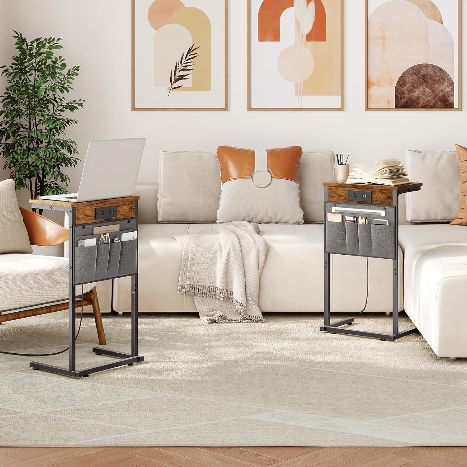HOOBRO C Shaped End Table with Charging Station, 28" H Couch Side Table Slide Under, Sofa Arm Tray Table with Storage Bag for Living Room, Recliner, Rustic Brown BF70USF01