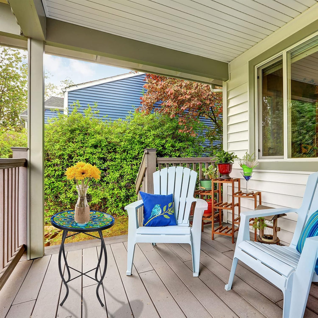 VCUTEKA Patio Side Table Outdoor Accent Table Bistro Coffee Table Plant End Table Small Porch Table Indoor Round Glass Balcony Plant Table Stands Peacock