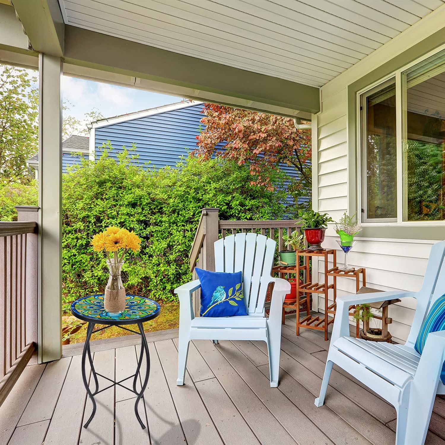 VCUTEKA Patio Side Table Outdoor Accent Table Bistro Coffee Table Plant End Table Small Porch Table Indoor Round Glass Balcony Plant Table Stands Peacock