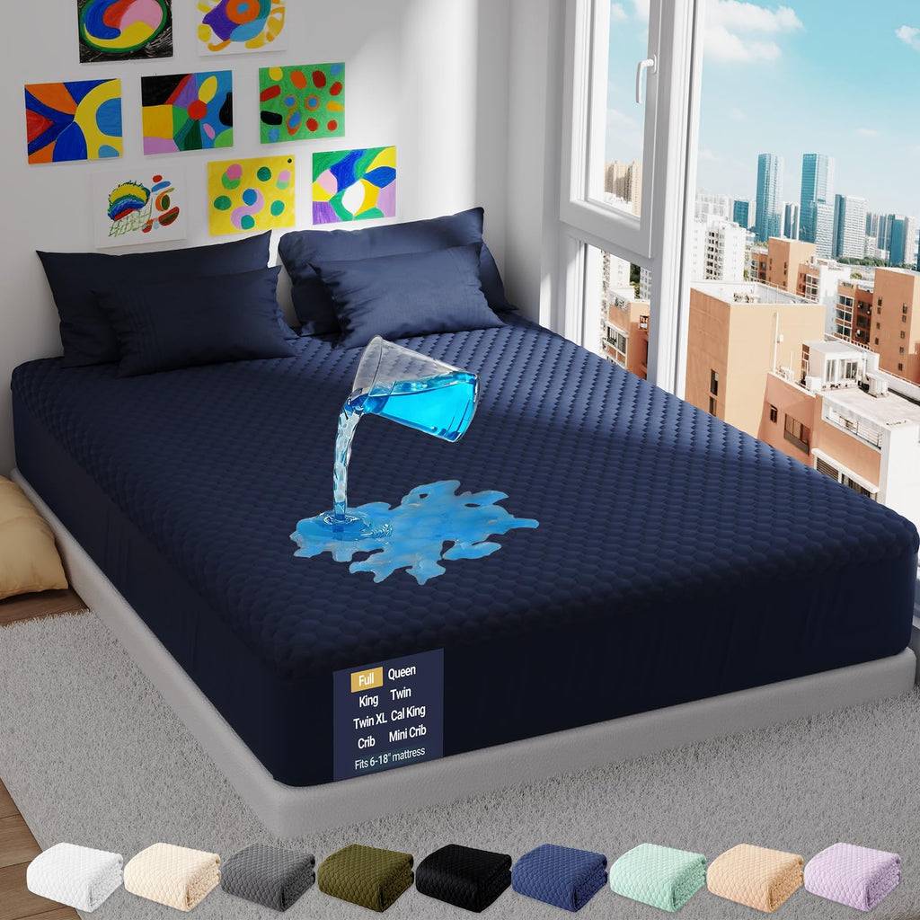 OhGeni 100% Waterproof Queen Size Mattress Protector,Soft Mattress Pad, Cooling Breathable Fitted Sheets,Washable Bed Cover,Non-Slip Deep Pocket,Noiseless for Bedroom