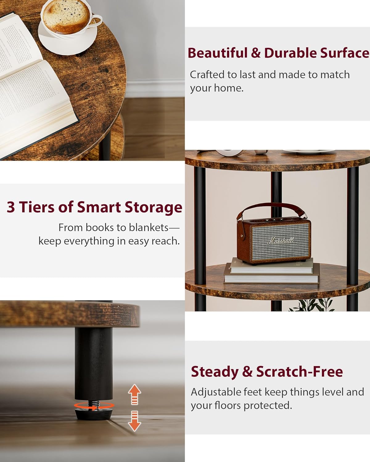 Small Round End Table - 3 Tier Design Accent Table, Narrow Side or Bedside Stand, Industrial Vintage Nightstand for Bedroom, Living Room, or Small Spaces, Rustic Brown