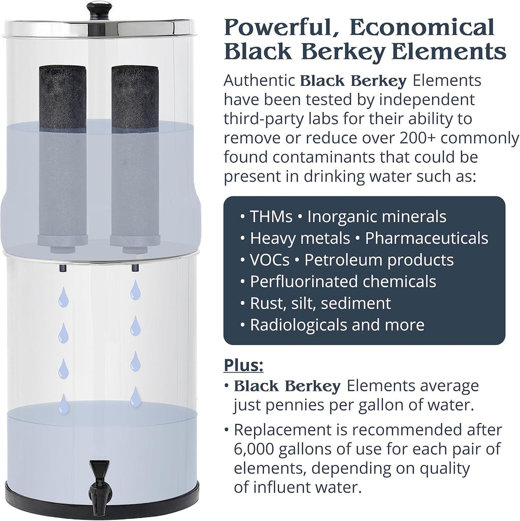 Big Berkey Gravity-Fed Stainless Steel Countertop Water Filter System 2.25 Gallon with 2 Authentic Black Berkey Elements BB9-2 Filters