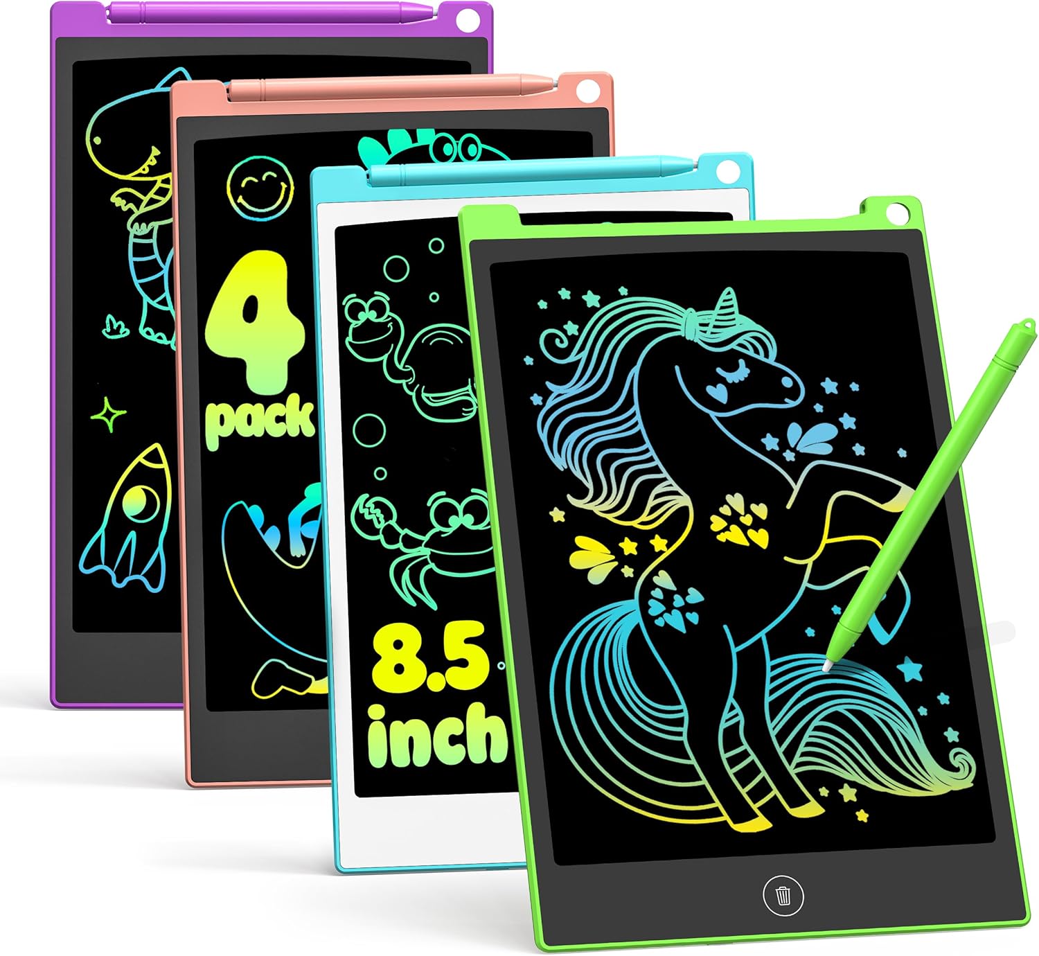 TECJOE 4 Pack LCD Writing Tablet, 8.5 Inch Colorful Drawing Board, Kids Travel Games Activity Learning Toys, Birthday Gifts for 3-8 Year Old Boys Girls Toddlers Preschooler