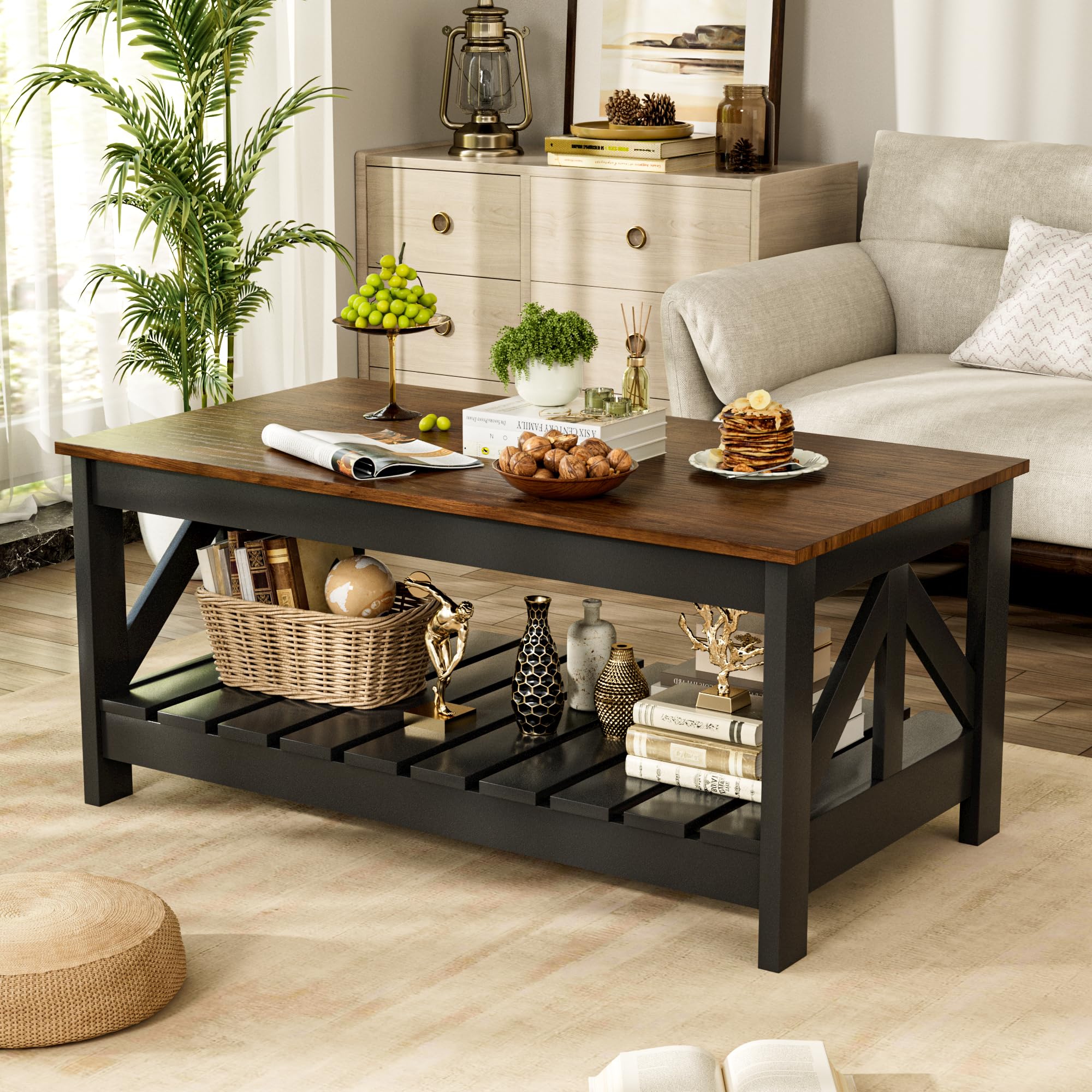 JUMMICO Square Coffee Table with Dual Storage Compartments, Modern Wood Cocktail Table for Living Room, Farmhouse Lounge & Office Reception (Gray & White)