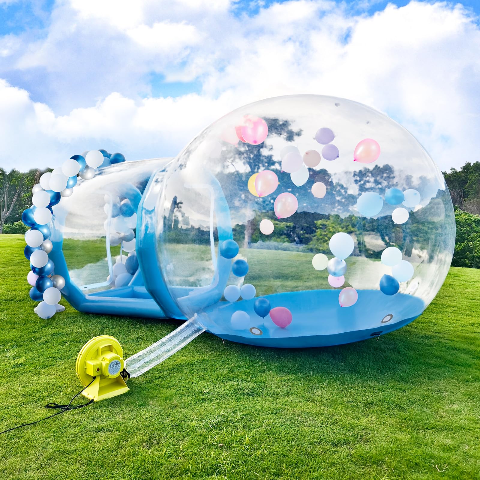 10FT Inflatable Bubble House Dome for Kids, Clear PVC Inflatable Bubble House Tent with Tunnel, Bubble Balloon House with 750W Air Blower, 600W Air Pump Inflatable Dome for Party (Blue, 10FT)