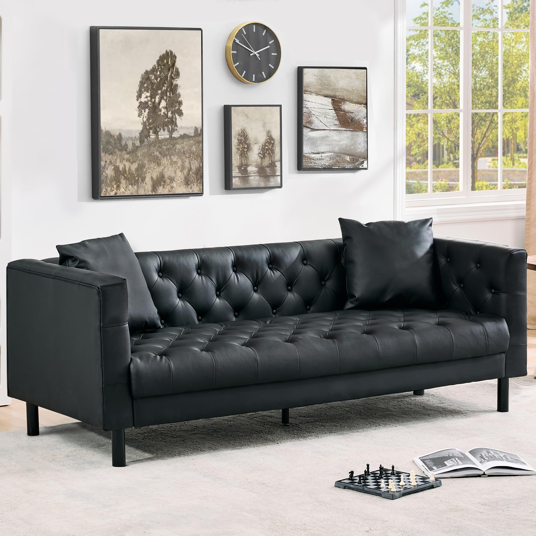 81 Inch Leather Couch for Living Room, Modern Leather Sofa with Deep Seat, Handmade Button Tufted 3 Seater Sofa, Chesterfield Couch for Apartment, Office, Cognac Tan