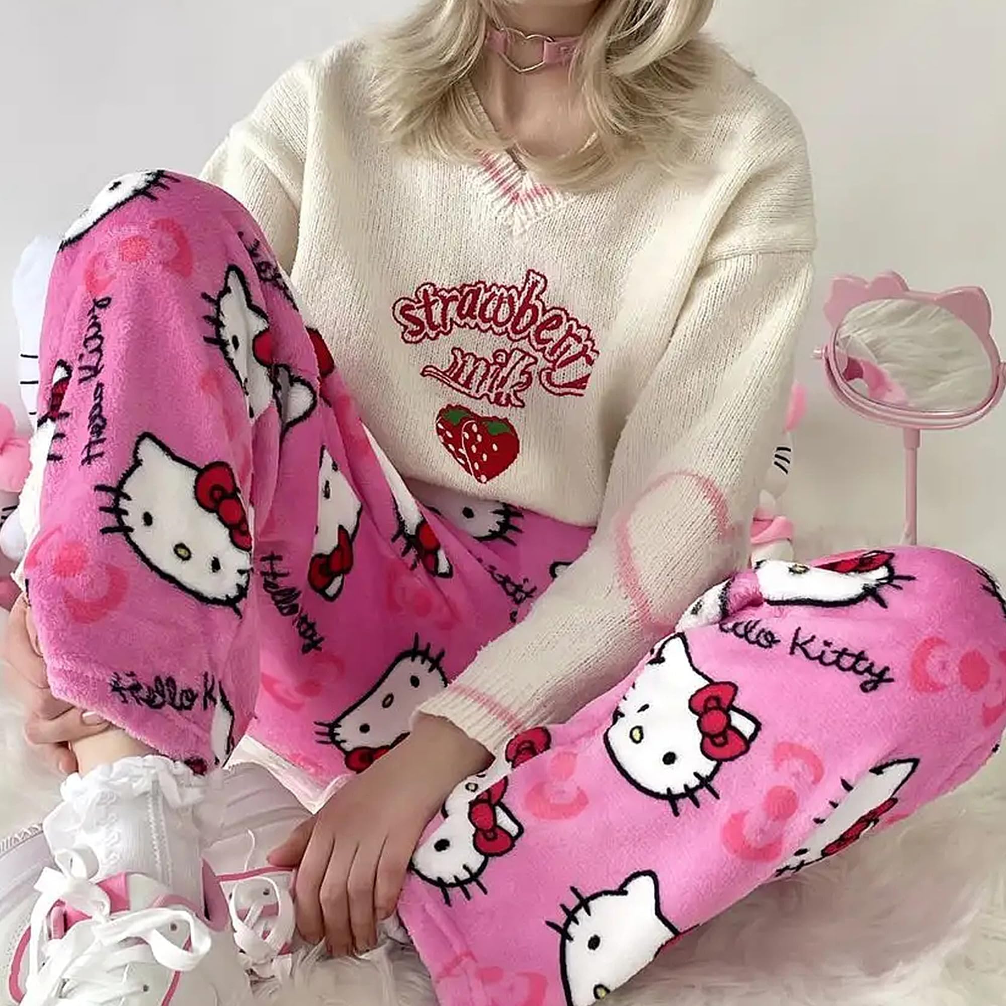 Cute Cartoon Pajama Pants for Women, Kawaii Anime Cat Pjs Christmas Pajama Pants Fluffy Flannel Sleep Bottoms