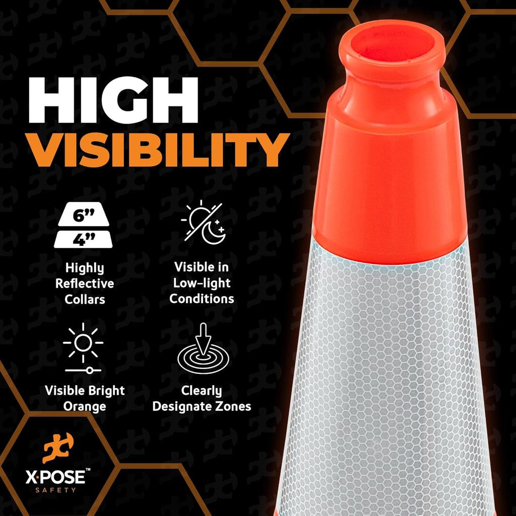 Xpose Safety 28 Inch Orange Slim Line Traffic Cones with 6" & 4" Collars, 24 Pack Multipurpose PVC Plastic Safety Cone for Parking, Soccer, Caution, Kids & Construction - DOT Approved