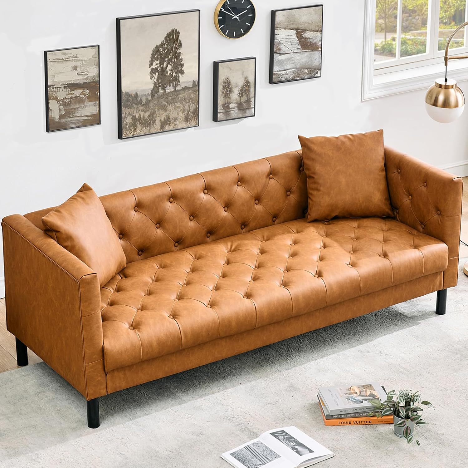 81 Inch Leather Couch for Living Room, Modern Leather Sofa with Deep Seat, Handmade Button Tufted 3 Seater Sofa, Chesterfield Couch for Apartment, Office, Cognac Tan