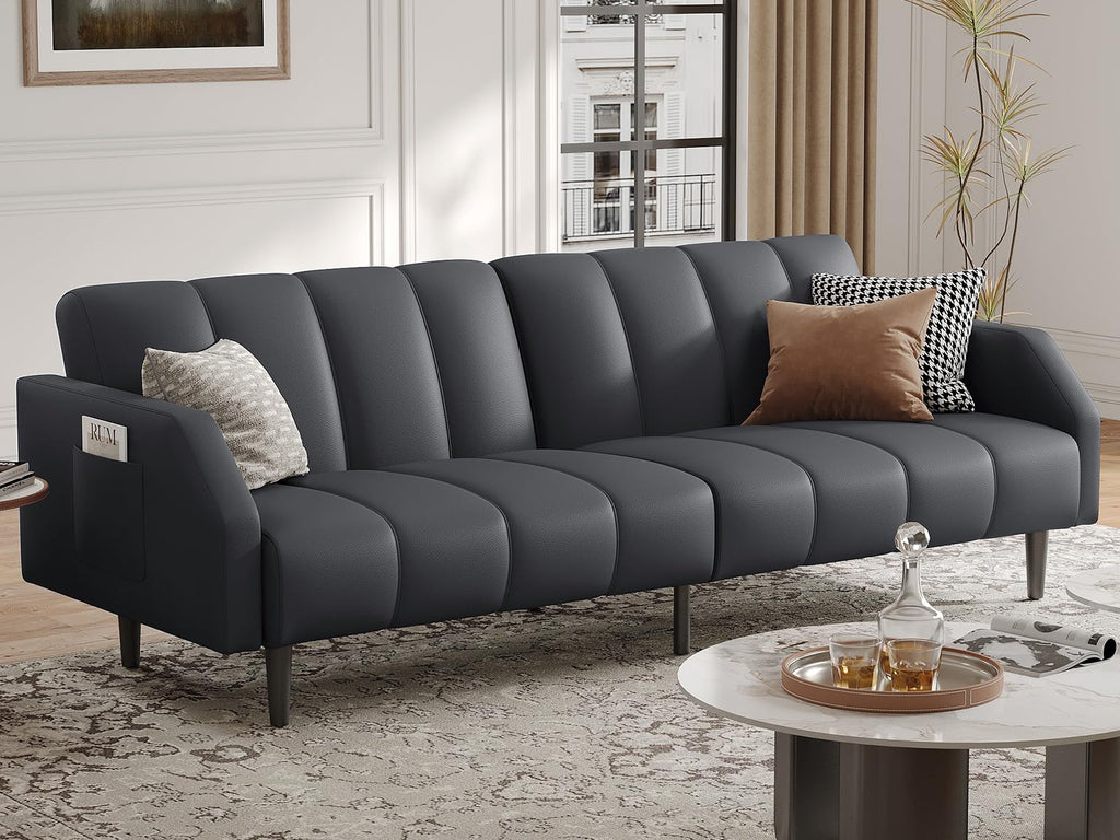 Fadware 78'' Futon Sofa Bed Couch, 2 Seater Faux Leather Futon Sleeper Couches with Adjustable Sofa Backrest, Convertible Loveseat Sofa Bed for Living Room, Bedroom, Office, Loft, Brown