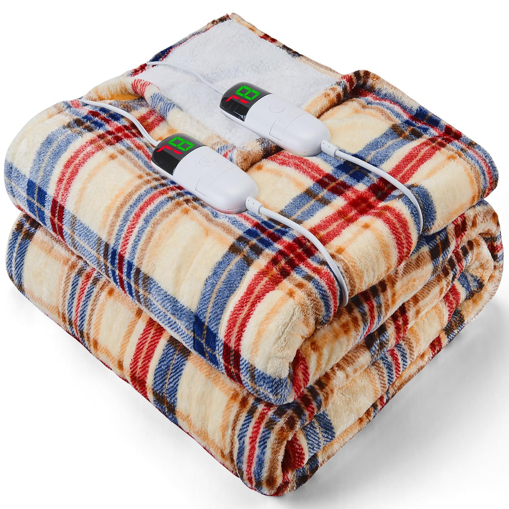 Elektrisch verwarmd deken, 50X60, verwarmingsdeken met 10 verwarmingsniveaus/8 uur automatische uitschakeling, marineblauw geruit Sherpa-dekenverwarmer voor volwassenen, wasbaar deken cadeau voor bank bed kantoor, ETL