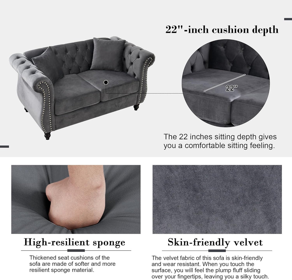 59" Chesterfield Loveseat Velvet Sofa for Living Room,2-Seater Sofa Tufted Couch with Two Pillows,Rolled Arms and Nailhead for Living Room, Bedroom, Office Grey